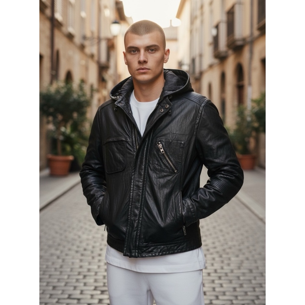 Yigal Azrouel Hooded Motorcycle Black Leather Jacket lambs leather large